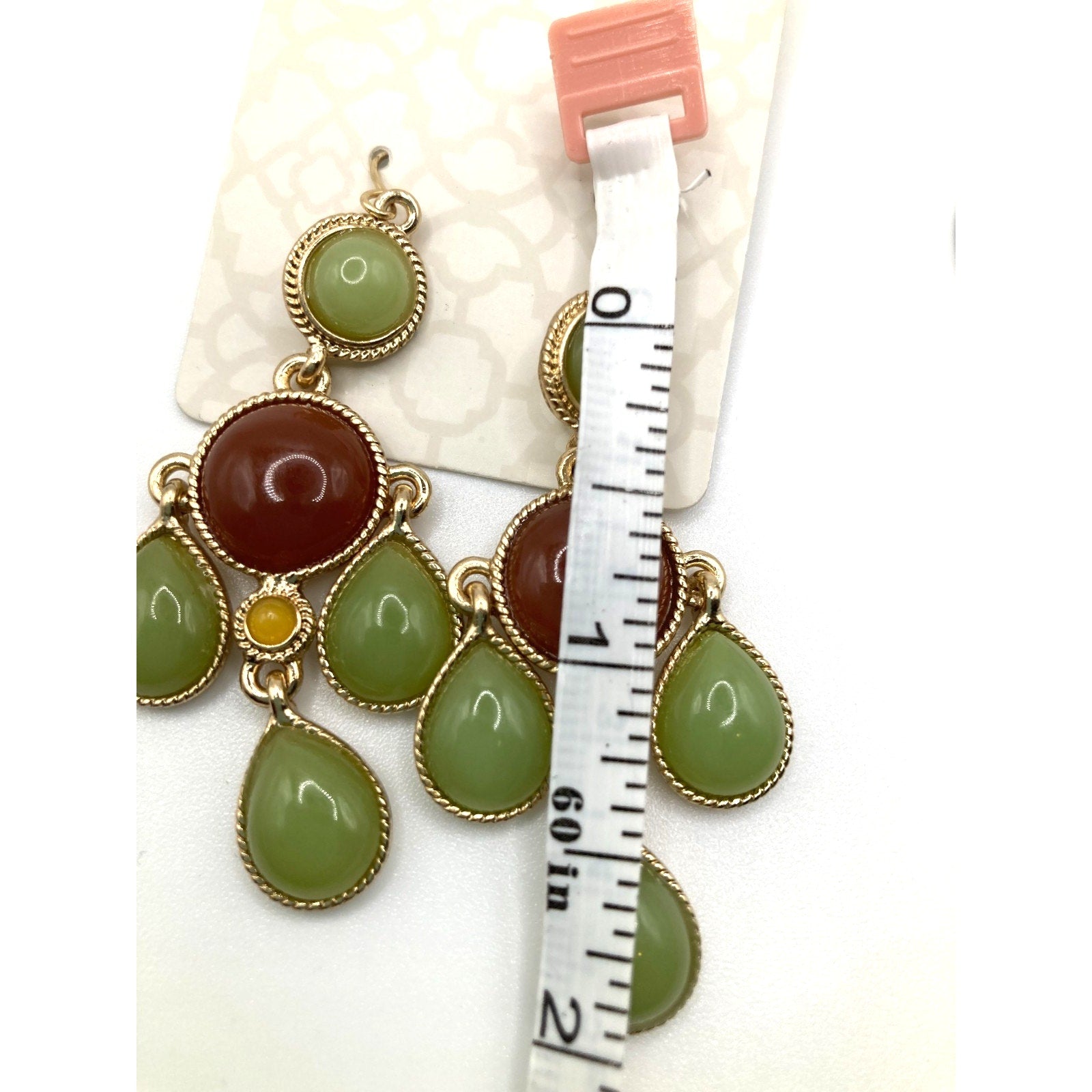 STONY Gold Tone Retro Burgundy Green Yellow Faux Cabochon Stone Drop Earrings 2"