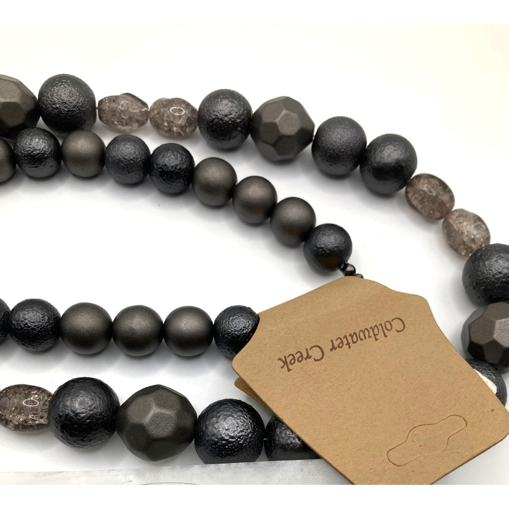 Coldwater Creek Long Geometric Gray Clear Textured Graduated Beaded Necklace 30"
