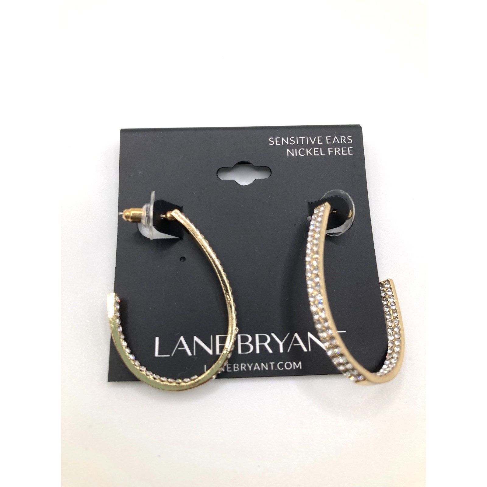 LANE BRYANT Classy Dressy Gold Tone Hook Hoop Rhinestone Earrings 1.25"