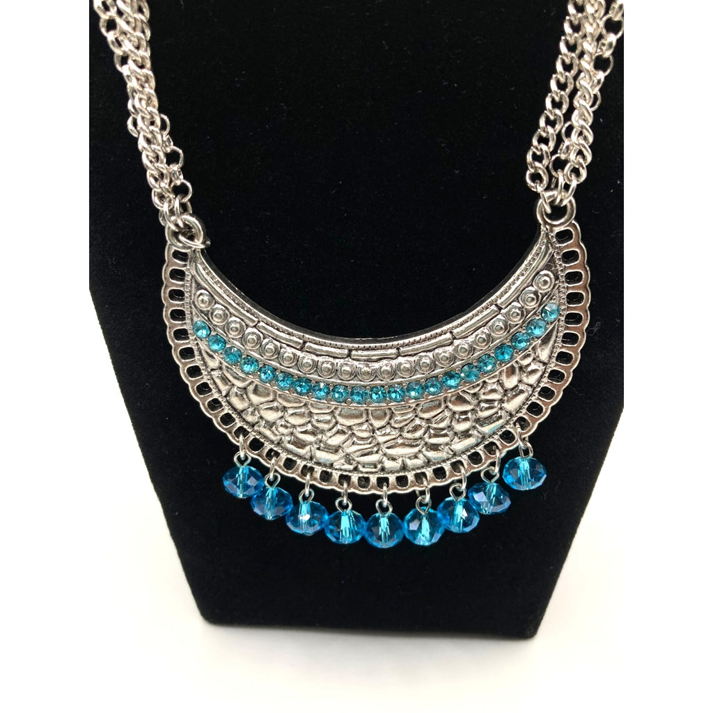 STONY Silver Tone Textured Medallion w/ Blue Acrylic Beaded Tassel Necklace 26"