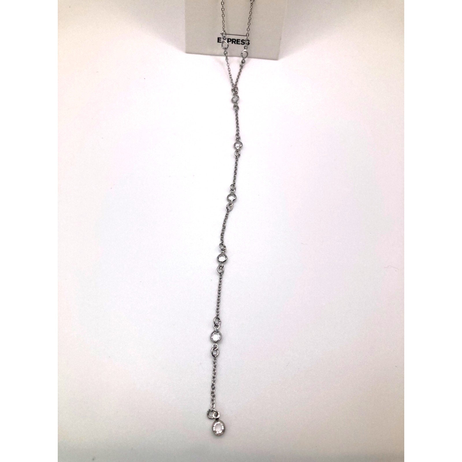 EXPRESS Silver Tone Clear Crystal Station Y Drop Sautoir Necklace 22"+ NEW