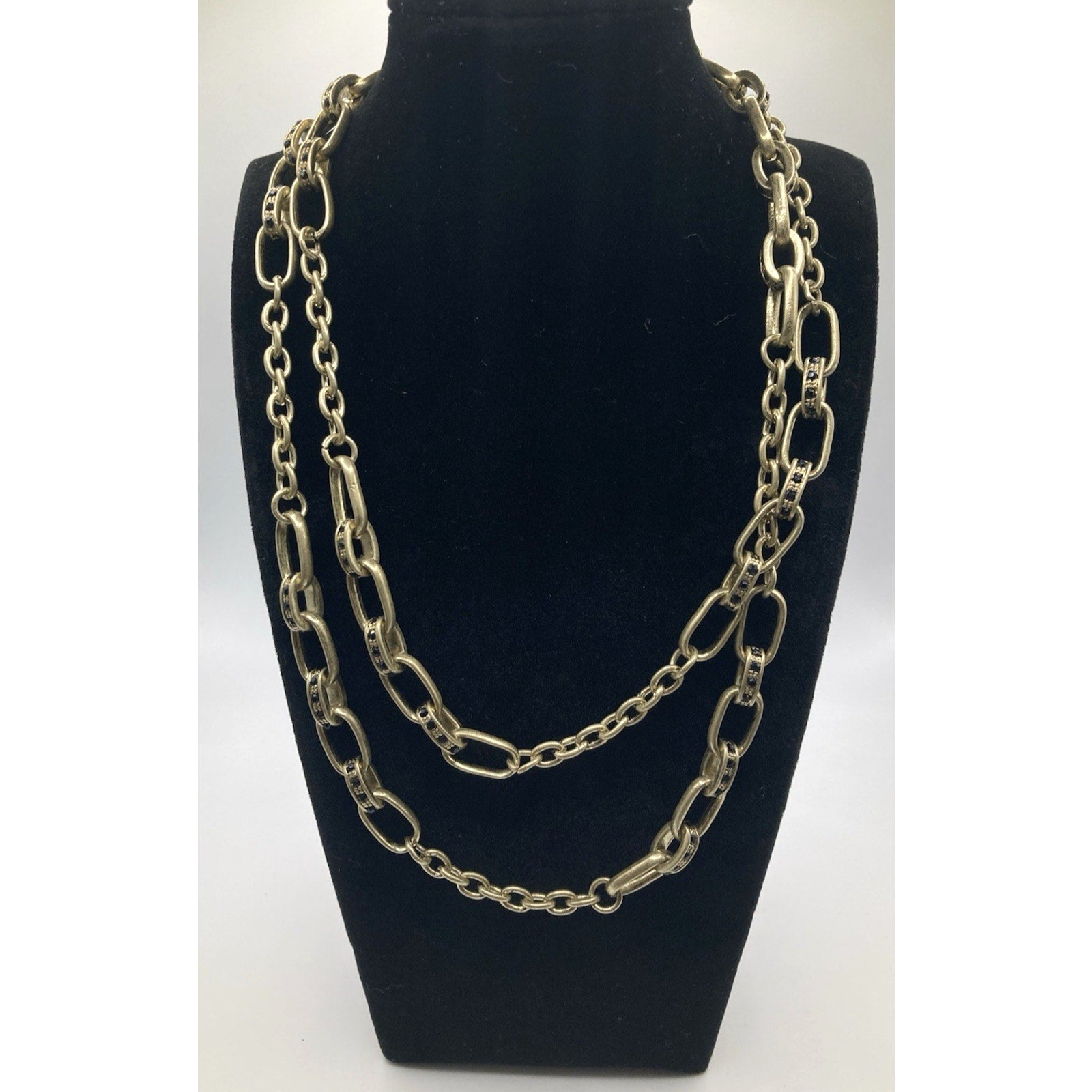 Ann Taylor LOFT Black Studded Worn Gold Tone Mixed Chain Link Necklace 34"