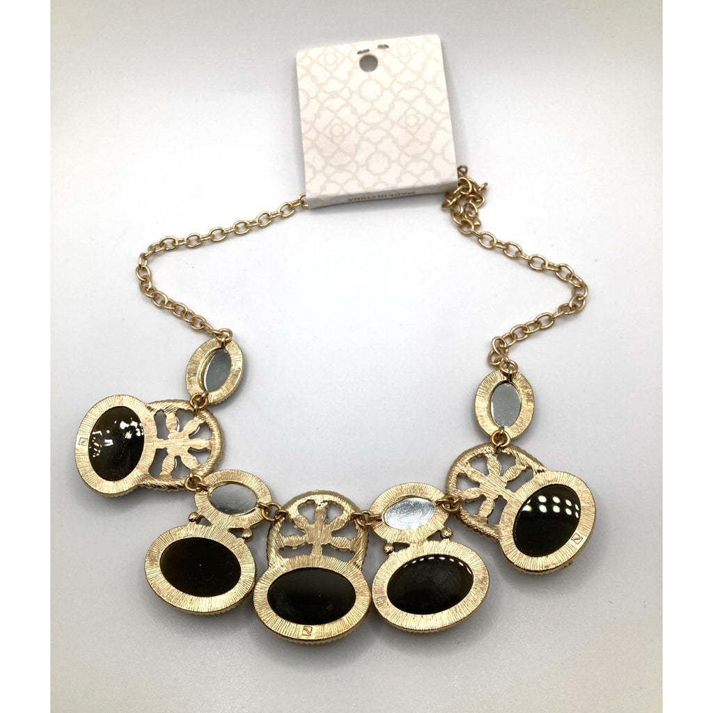 STONY Gold Tone Green & Blue Glass Stone & Crystal Necklace 17" & Earring Set