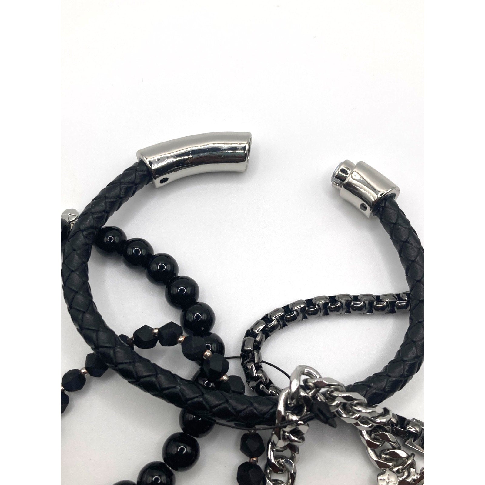 5pcs Modern Silver Tone Curb Chain, Black Beaded, Leatherette Bracelet Wrist Set