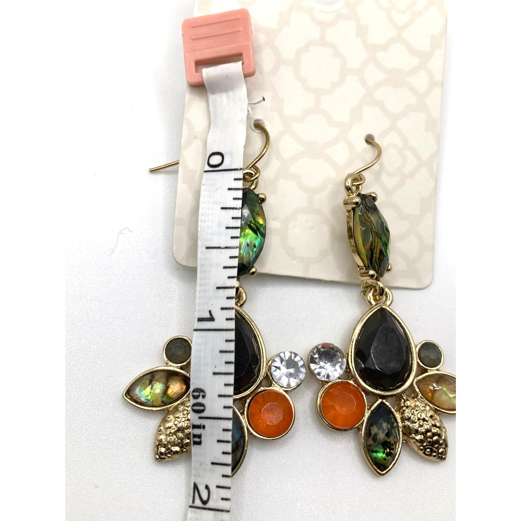 STONY Gold Tone Green Abalone Orange Aurora Borealis Faux Stones Drop Earrings