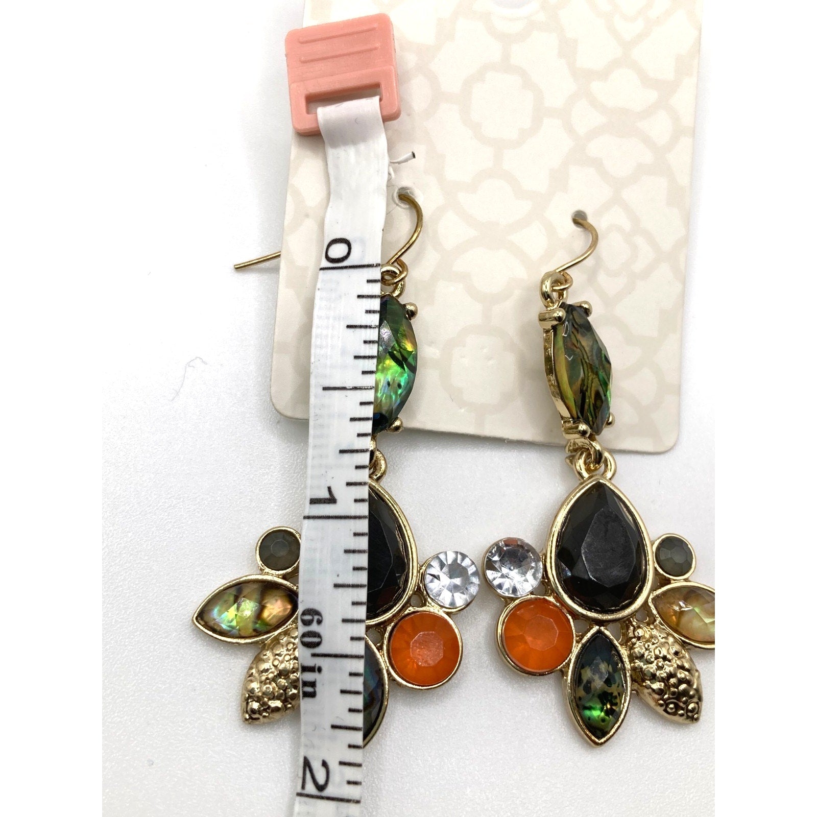 STONY Gold Tone Green Abalone Orange Aurora Borealis Faux Stones Drop Earrings