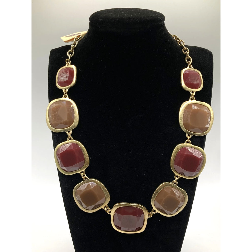 STONY Gold Tone Square Link Brown & Burgundy Acrylic Stone Station Necklace 16"