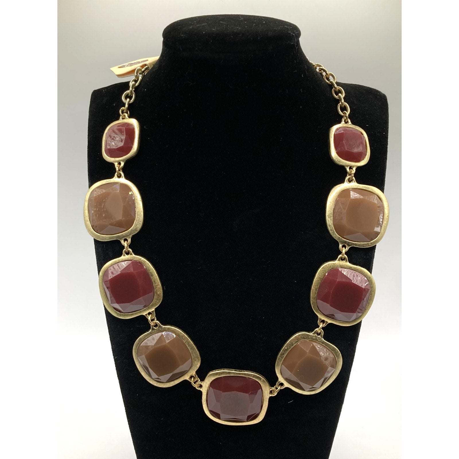 STONY Gold Tone Square Link Brown & Burgundy Acrylic Stone Station Necklace 16"