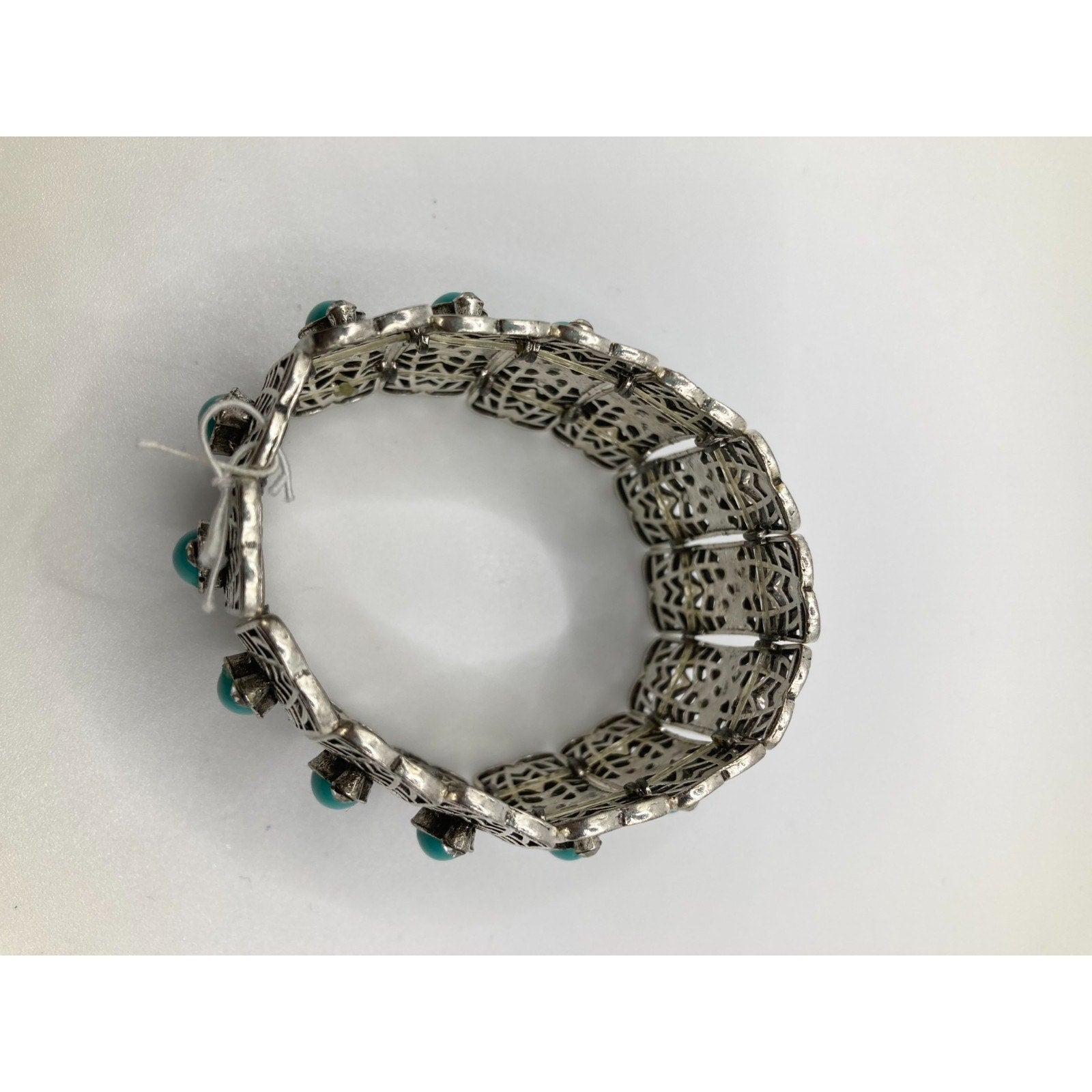 Medieval Gothic Western Silver Tone Faceted Faux Turquoise Stretch Bracelet Sz.7