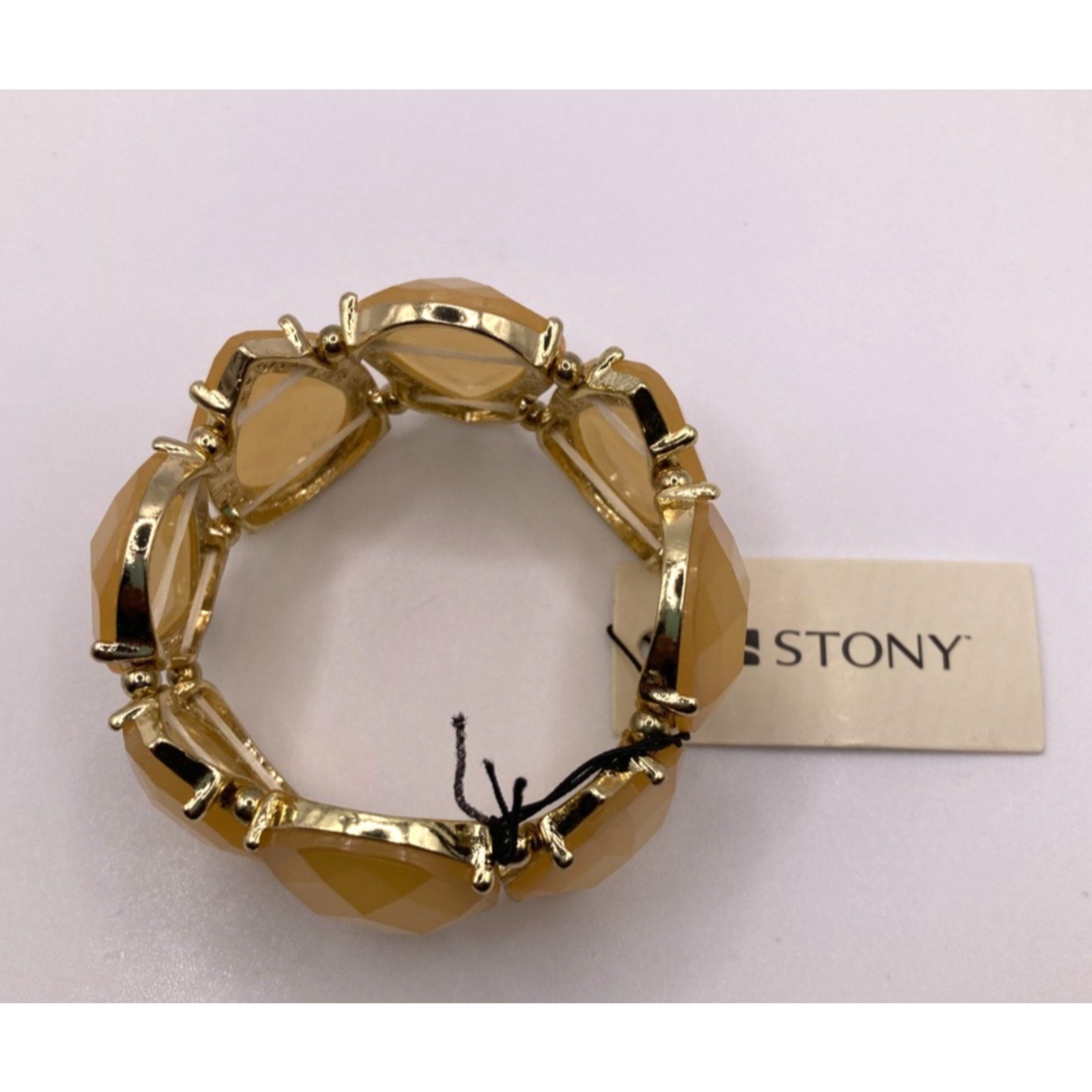 STONY Gold Tone Neutral Nude Melon Faceted Faux Teardrop Stone Stretch Bracelet
