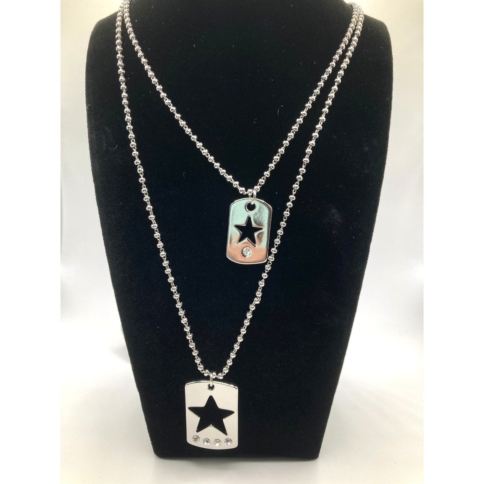 LANE BRYANT Silver Tone Star Cutout Dog Tag Necklaces w/ Rhinestone 28" & 34"