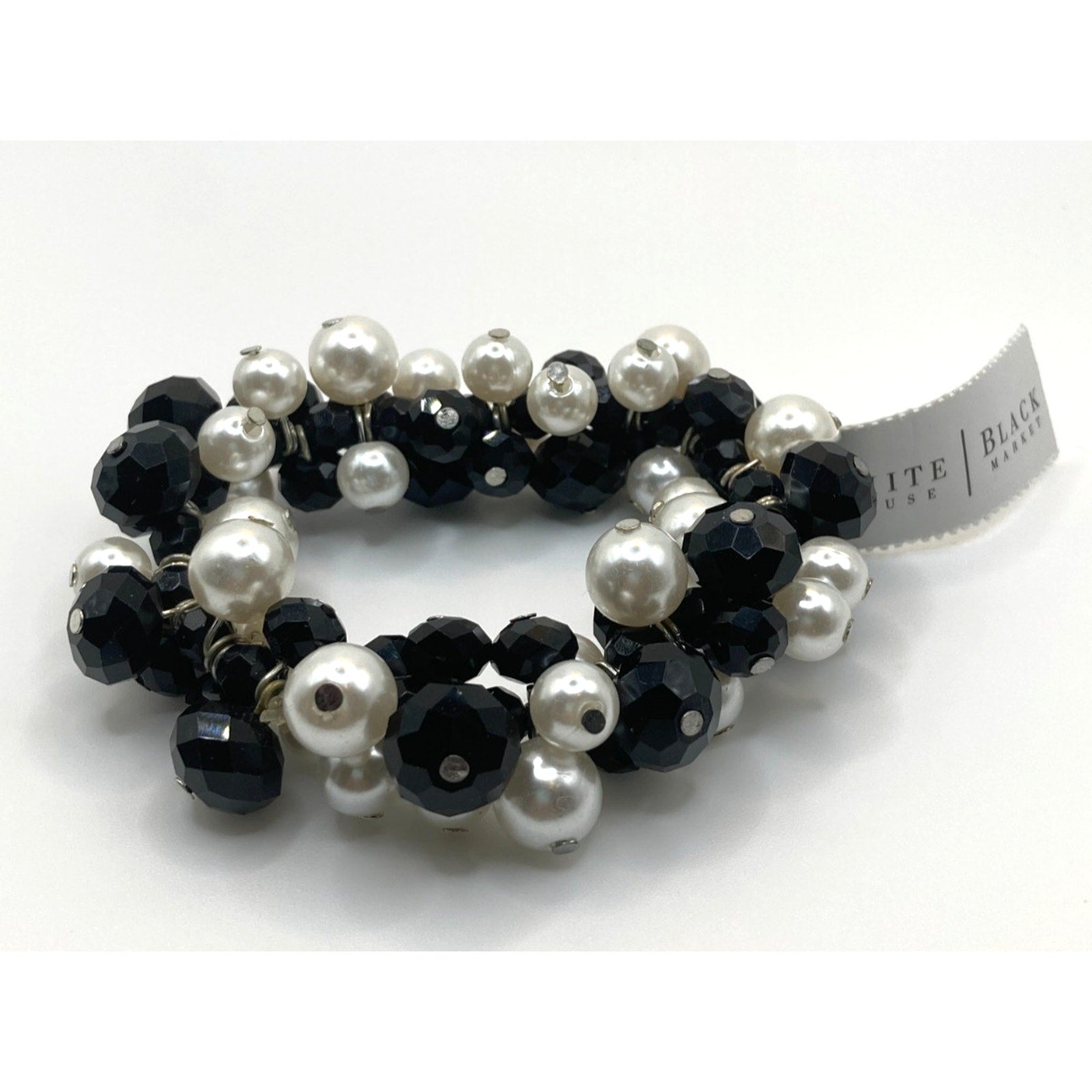 White House Black Market Black Faceted Beaded & Faux Pearls Stretch Bracelet