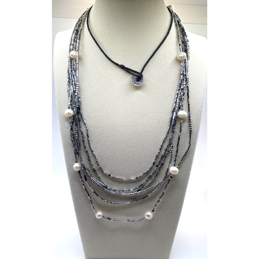 NWOT J. Jill Black Corded Gray Microbead Faux Pearls Layered Beaded Necklace