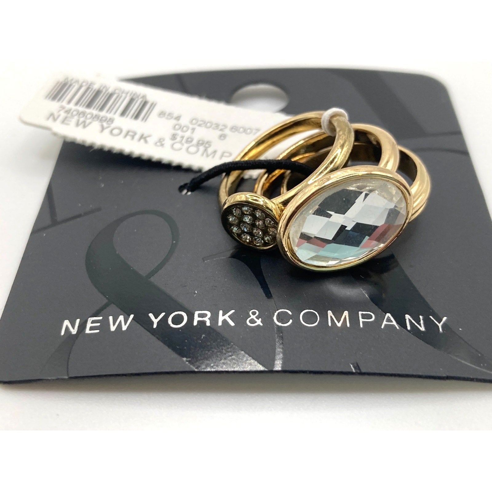 New York & Company Size 6 Women's 3-Stack Ring Set Gold Tone Clear Crystal