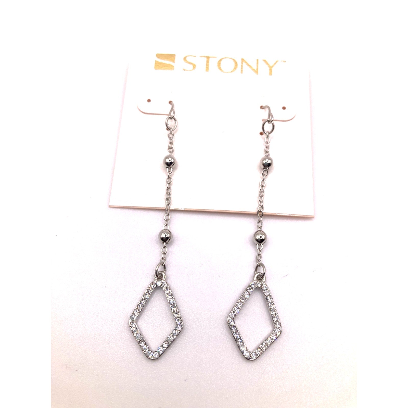 STONY Silver Tone Minimalist Rhinestone Diamond Shaped Drop Dangle Earrings 3"