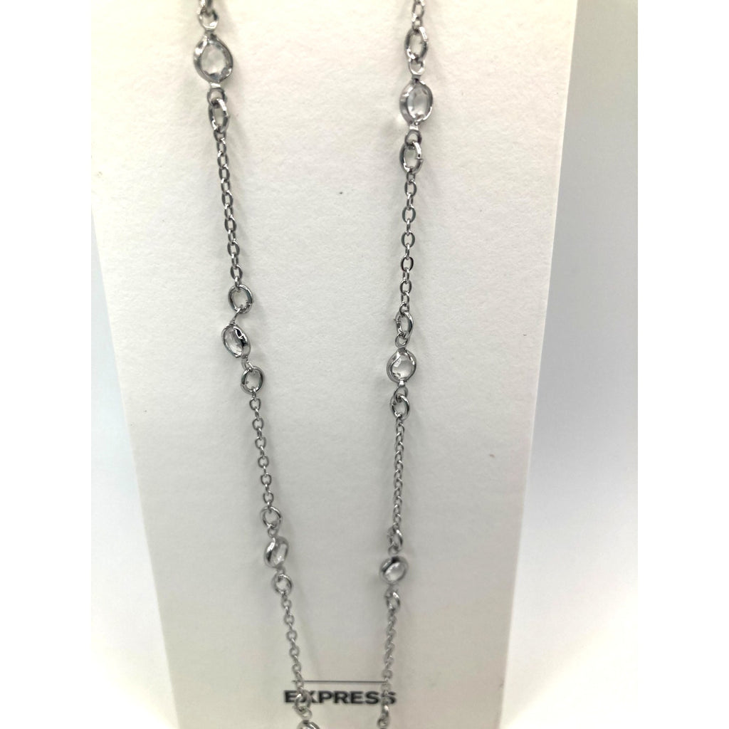 EXPRESS Silver Tone Clear Crystal Station Y Drop Sautoir Necklace 22"+ NEW
