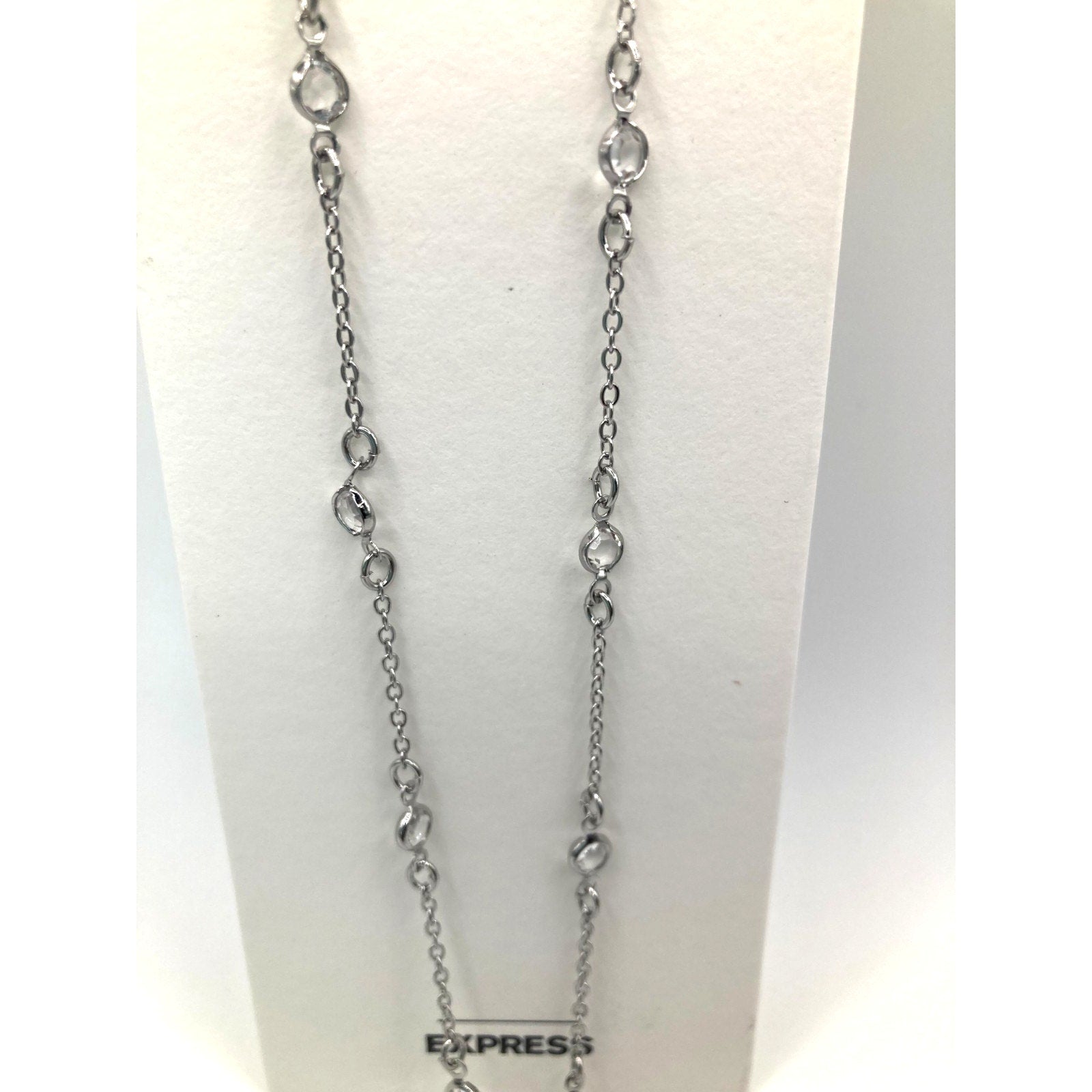 EXPRESS Silver Tone Clear Crystal Station Y Drop Sautoir Necklace 22"+ NEW