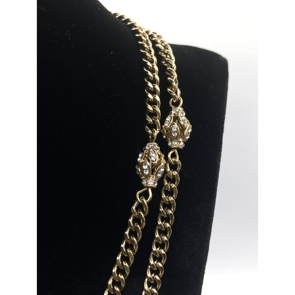 LOFT Gold Tone Vintage Inspired Rhinestone Eggs Station Curb Chain Necklace 32"