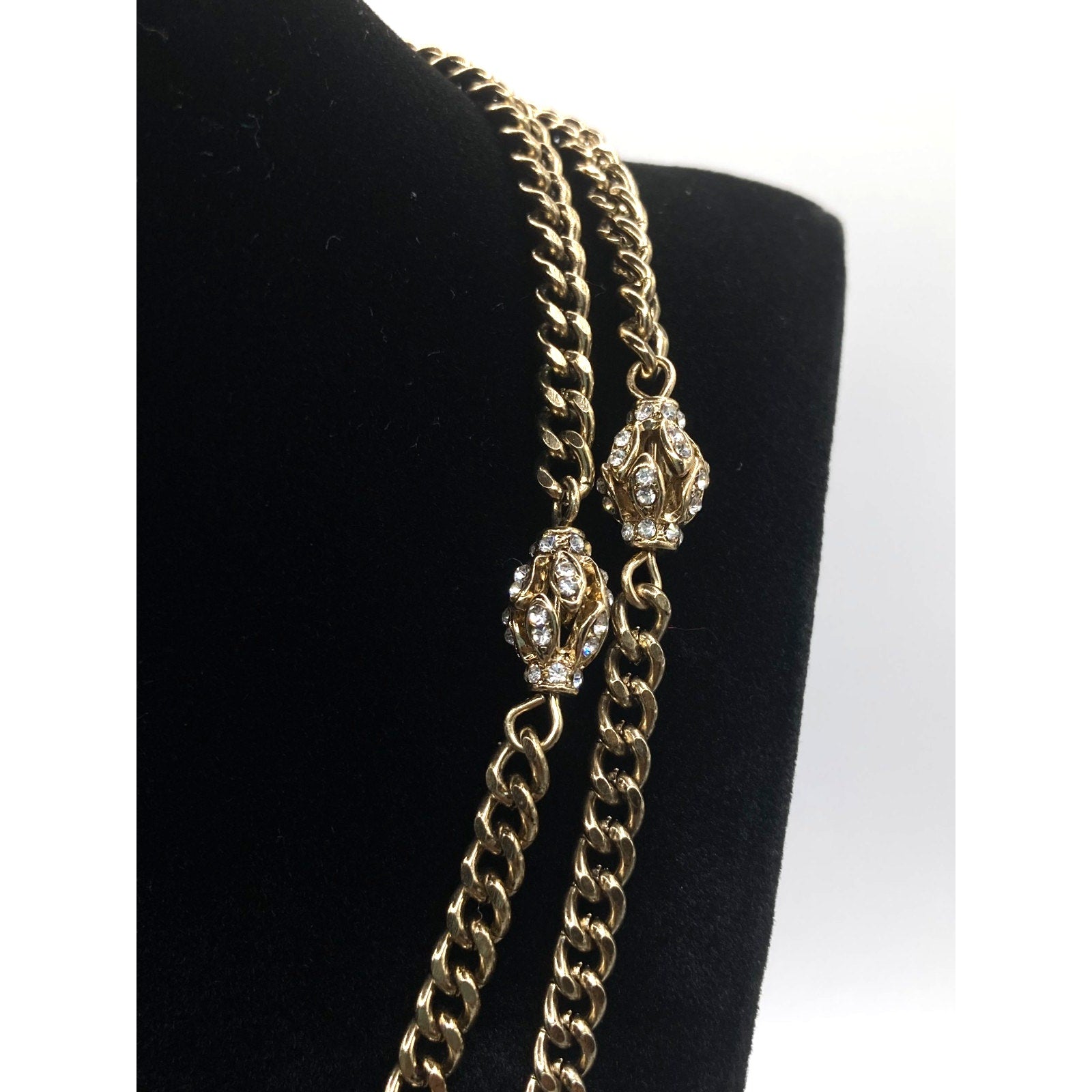 LOFT Gold Tone Vintage Inspired Rhinestone Eggs Station Curb Chain Necklace 32"