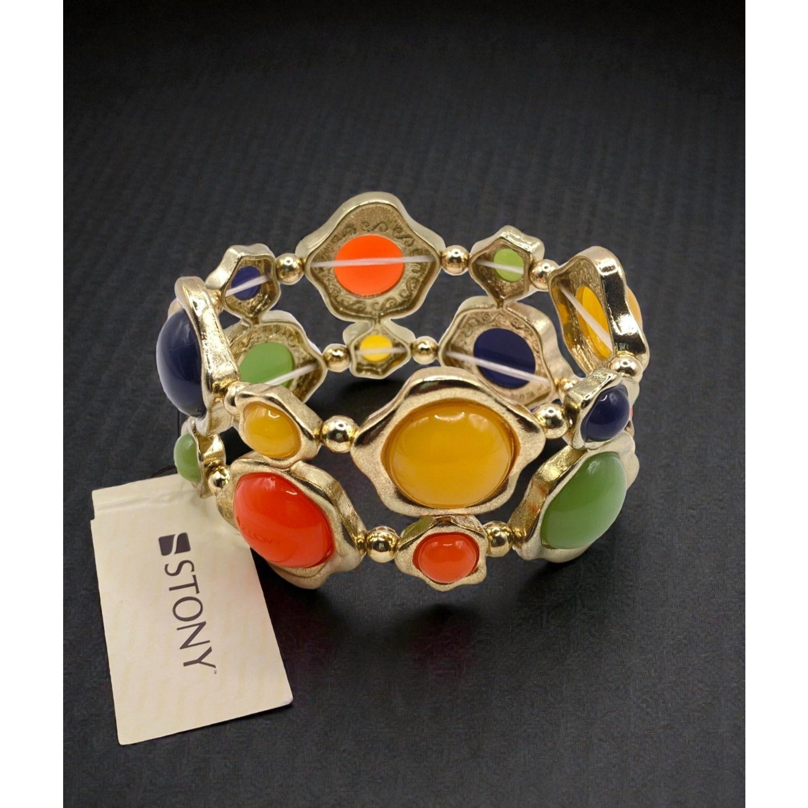 STONY Retro Gold Tone Orange Yellow Blue Green Cabochon Faux Stone Bracelet