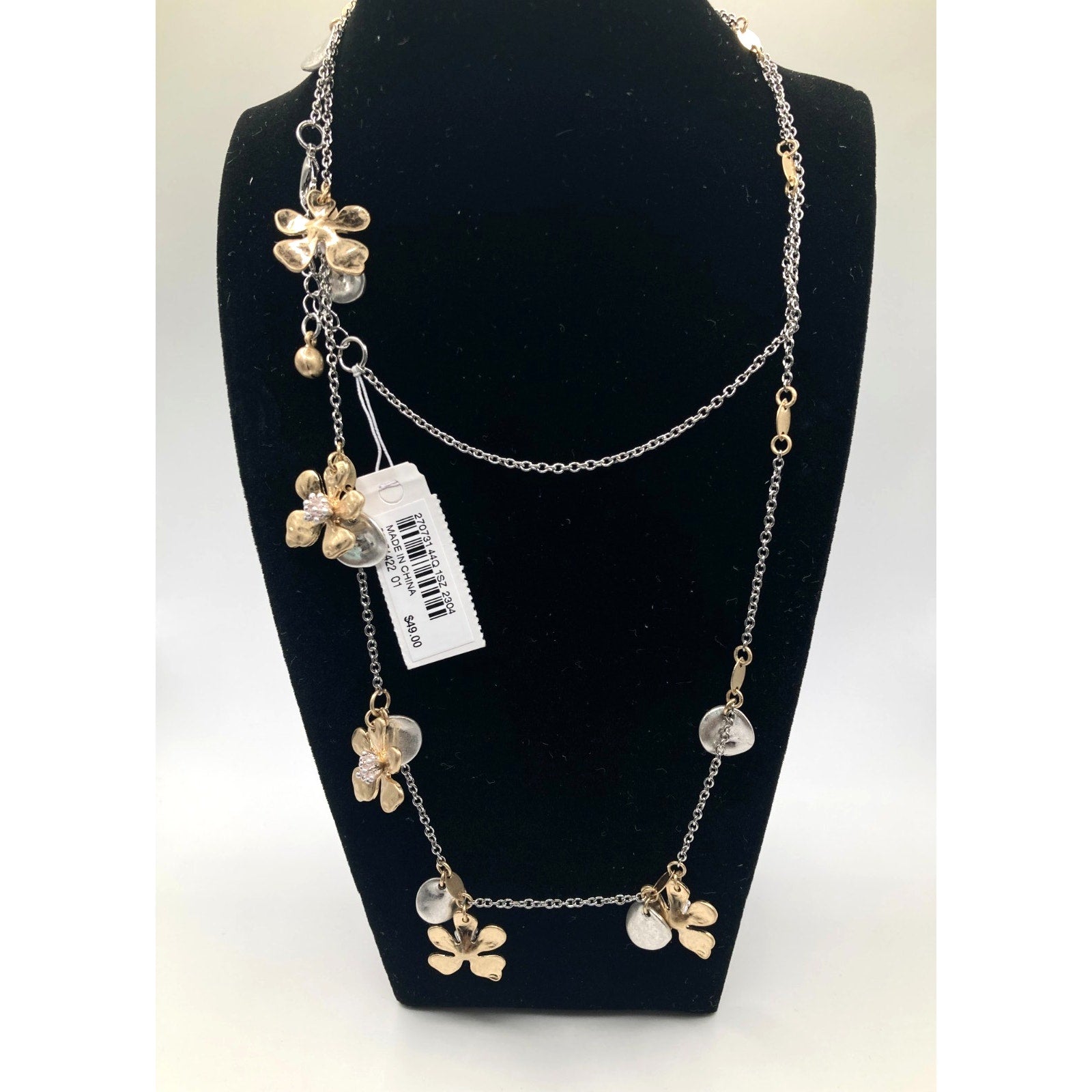 J. Jill Mixed Metal Silver and Gold Tone Metal Floral Long Station Necklace 30"