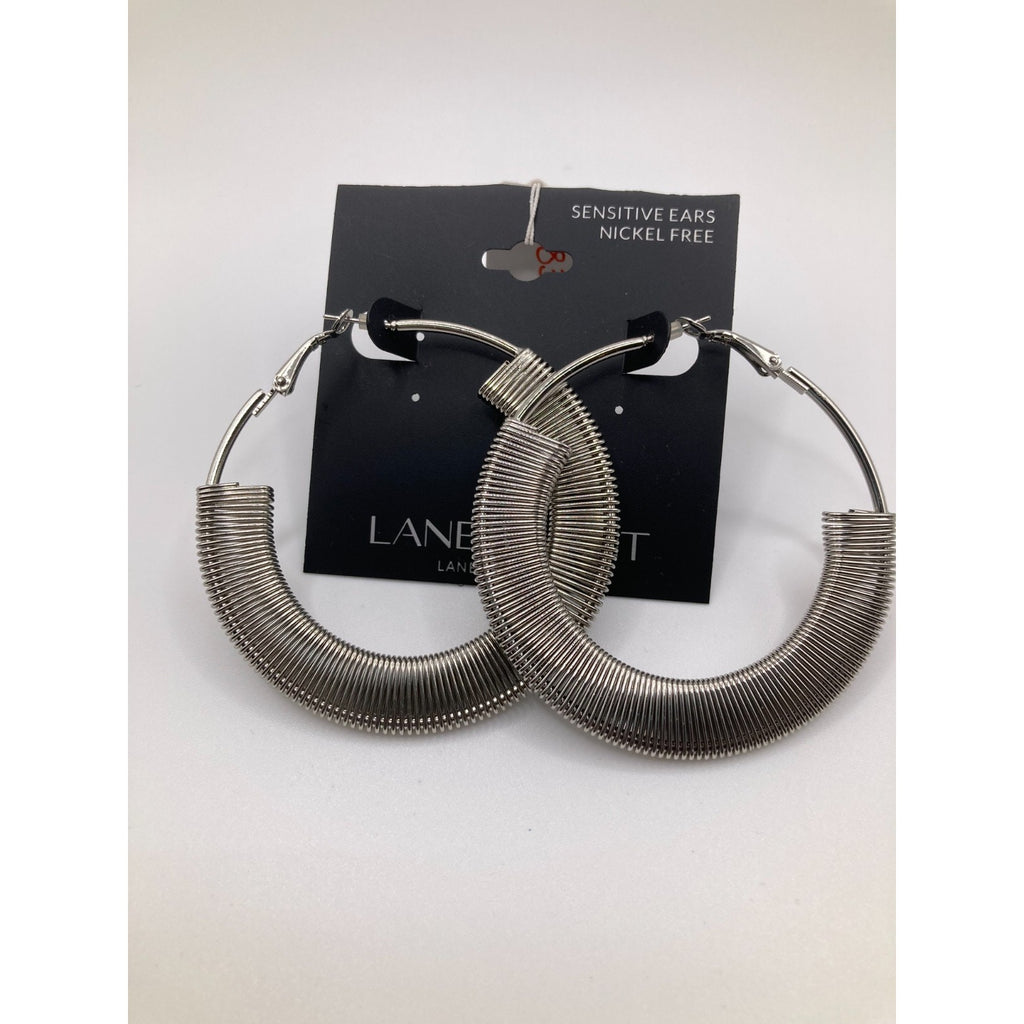 LANE BRYANT Industrial Sculptural Brutalist Silver Grey Tone Hoop Earrings 2"