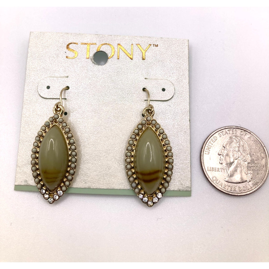 STONY Gold Tone Retro Green Oval Cabochon Faux Stone Earrings w/ Bead Accents