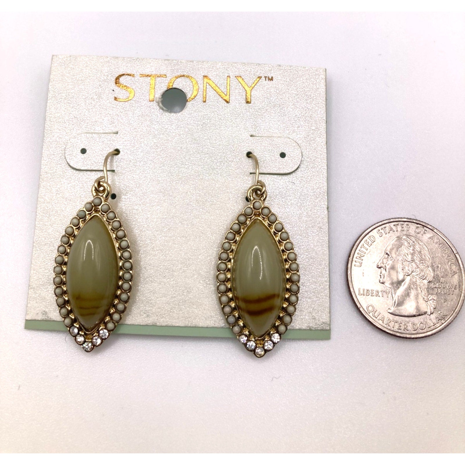 STONY Gold Tone Retro Green Oval Cabochon Faux Stone Earrings w/ Bead Accents