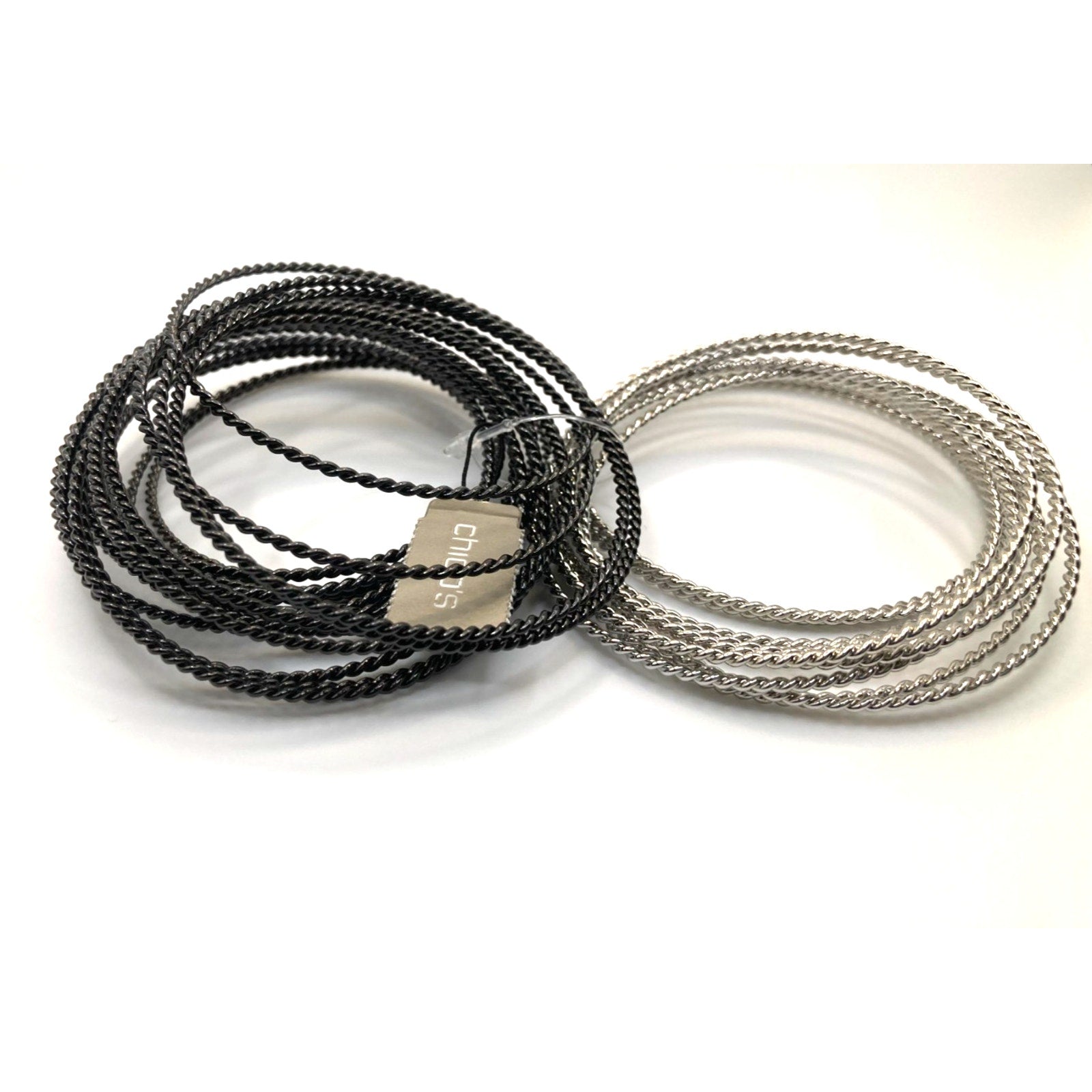 CHICO'S Black and Silver Tone Thin Twisted Bangle Bracelet Stacker