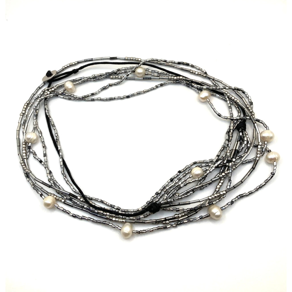 NWOT J. Jill Black Corded Gray Microbead Faux Pearls Layered Beaded Necklace
