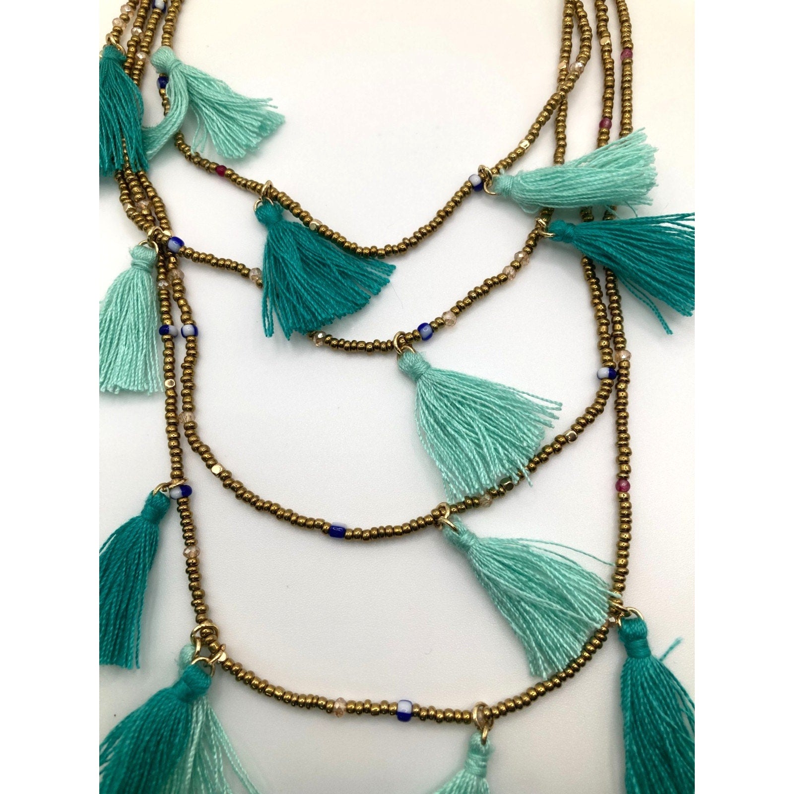 EXPRESS Layered Gold Seed Bead Teal Blue Mint Tassel Necklace Boho 14"+ NEW