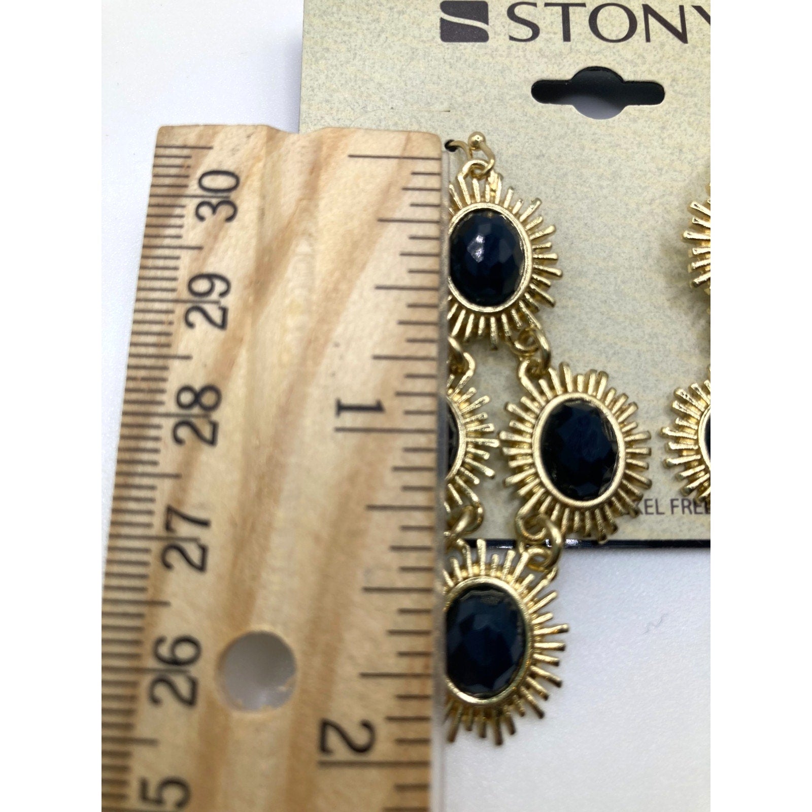 STONY Gold Tone and Navy Blue Faux Stone Spike Fringe Oval Drop Earrings 2"