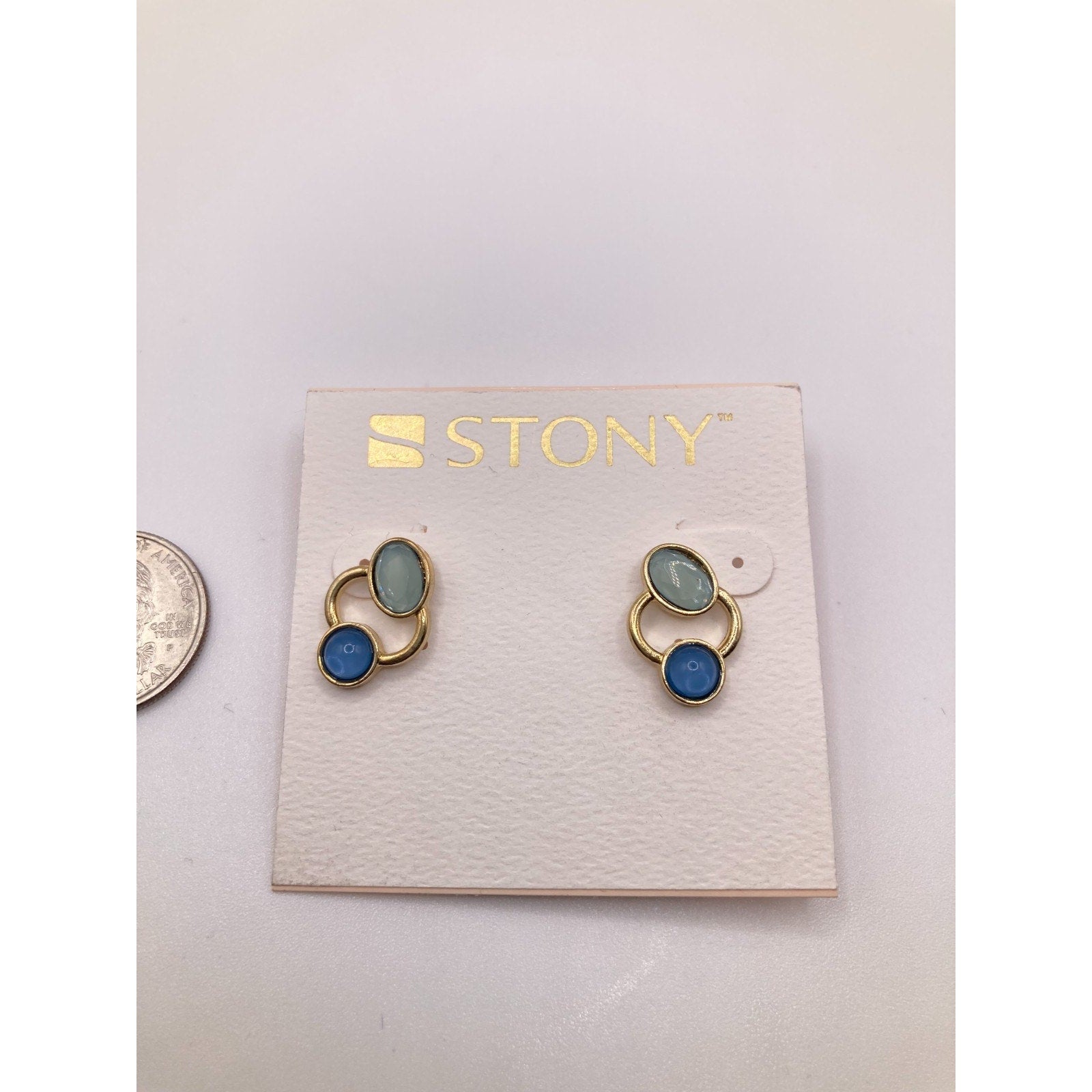 STONY Gold Tone Orbit Ring Blue and Seafoam Green Faux Stone Stud Earrings New
