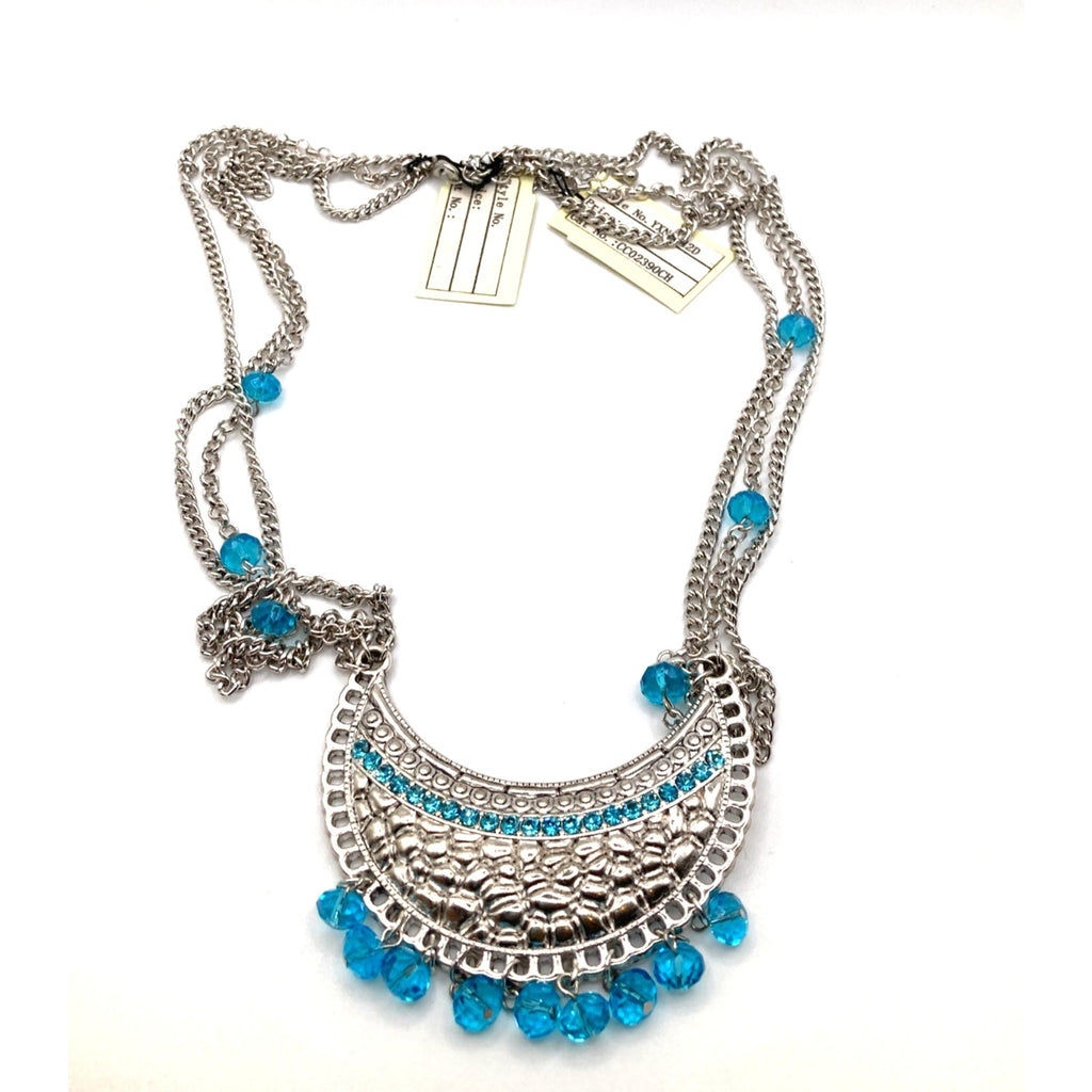 STONY Silver Tone Textured Medallion w/ Blue Acrylic Beaded Tassel Necklace 26"