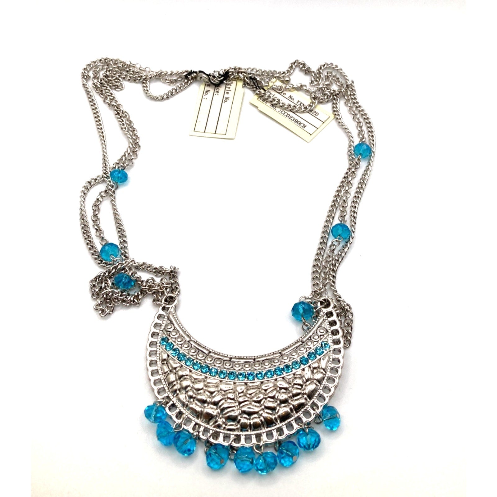 STONY Silver Tone Textured Medallion w/ Blue Acrylic Beaded Tassel Necklace 26"