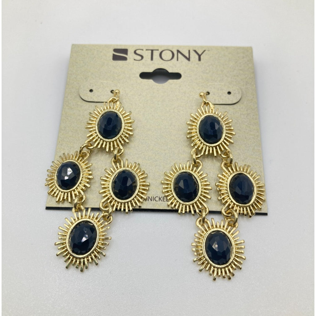 STONY Gold Tone and Navy Blue Faux Stone Spike Fringe Oval Drop Earrings 2"