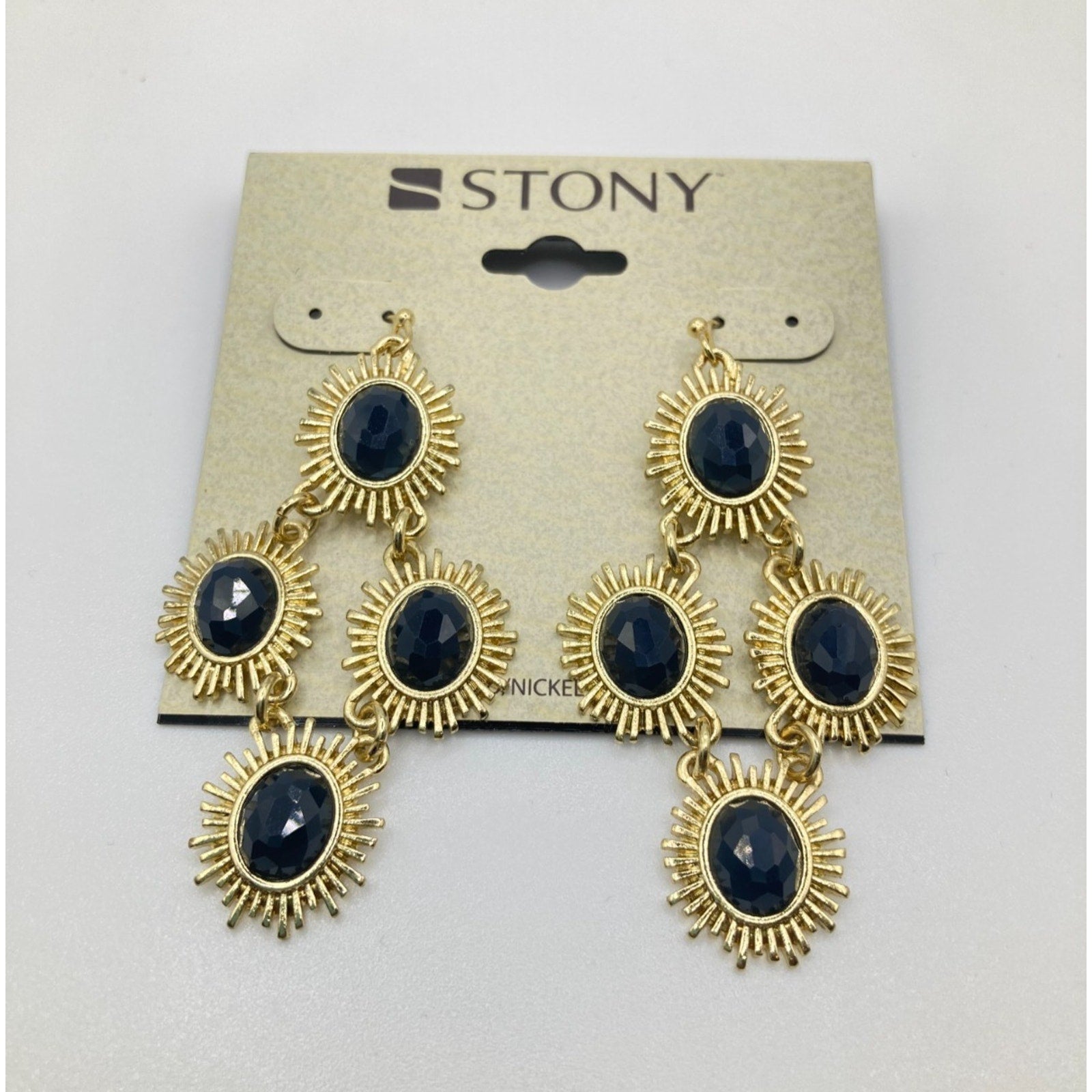 STONY Gold Tone and Navy Blue Faux Stone Spike Fringe Oval Drop Earrings 2"