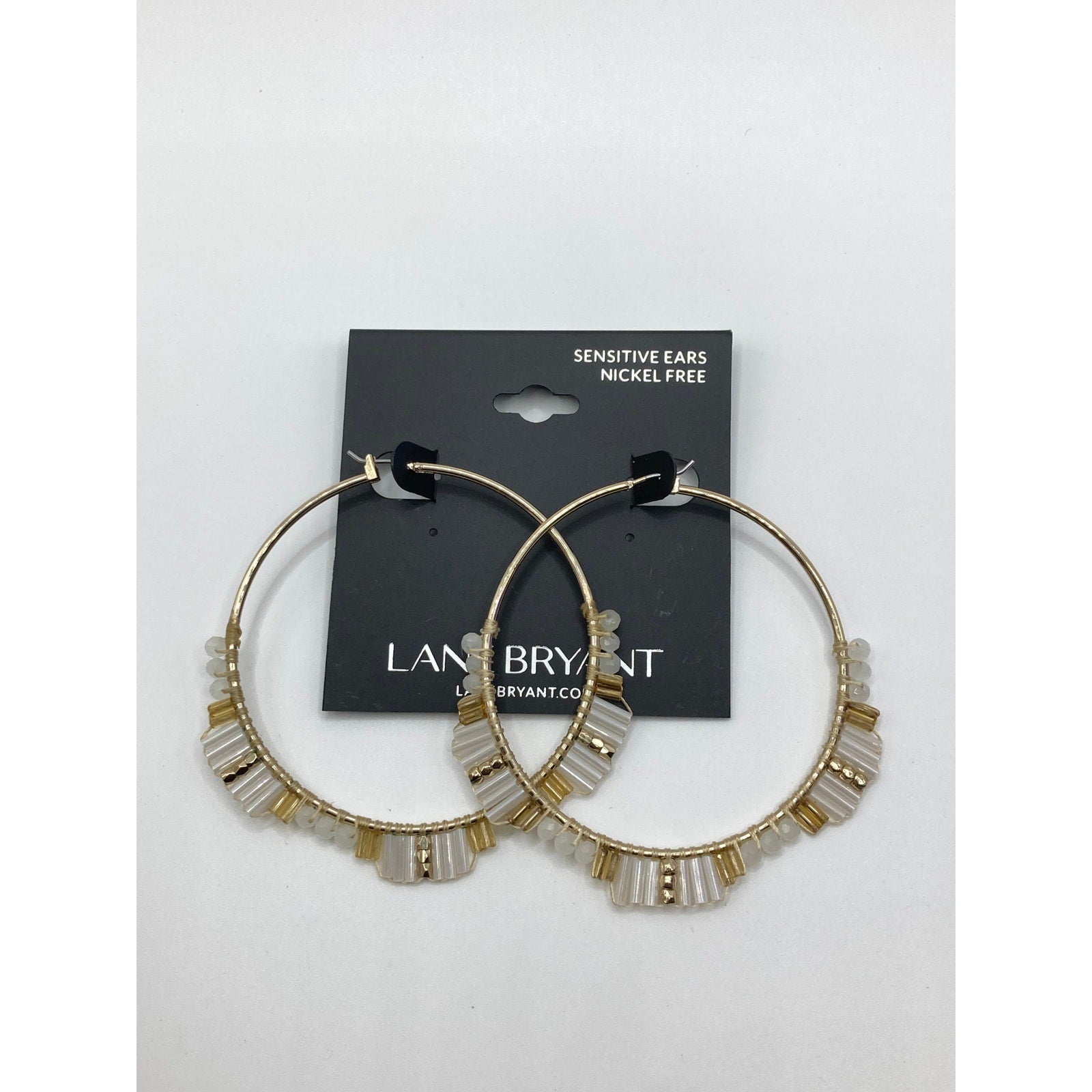 LANE BRYANT Gold Tone Hoop Earrings w/ White & Gold Plastic Beaded Accents NWT