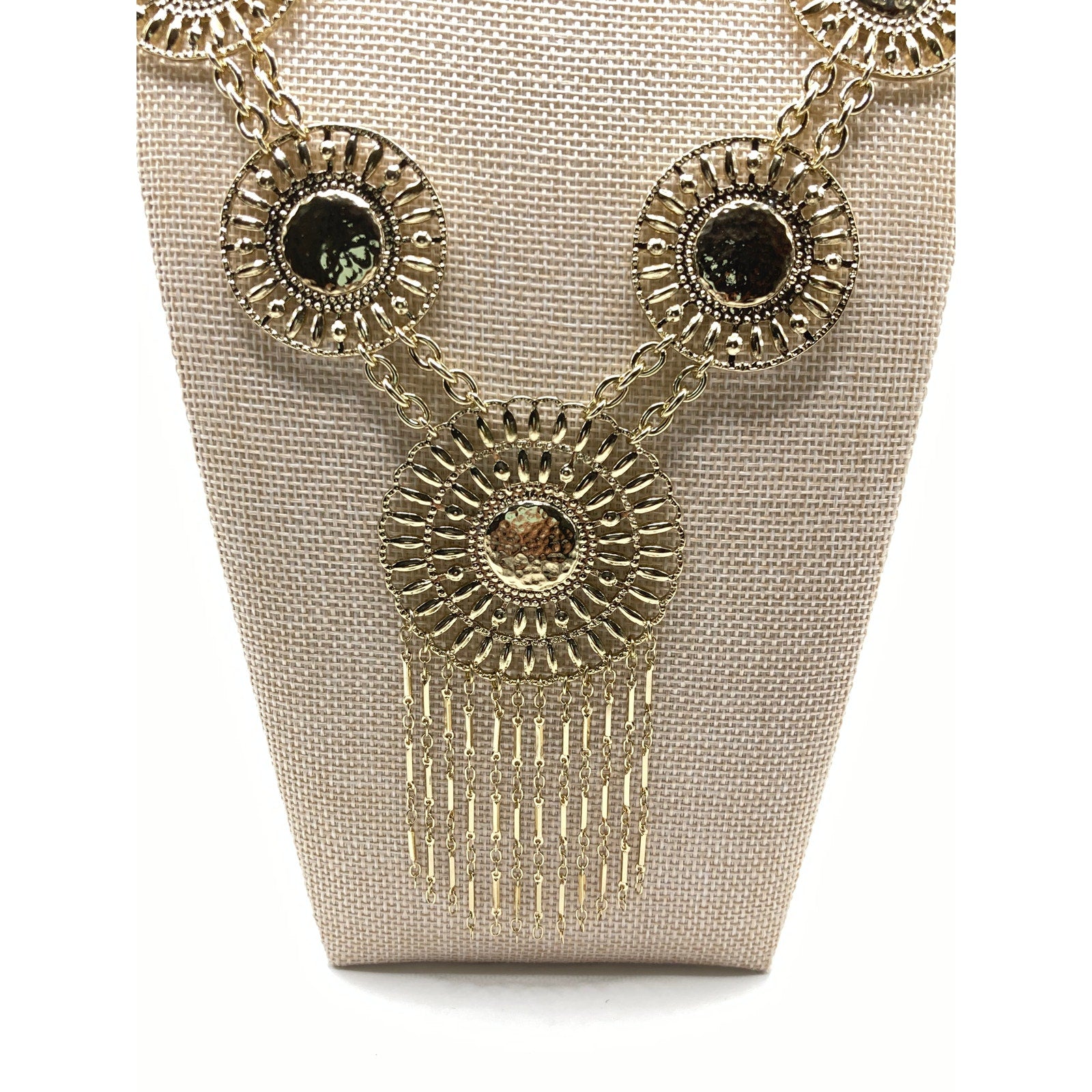 EXPRESS Metallic Gold Tone Tribal Boho Circle Station Statement Necklace 21" NEW