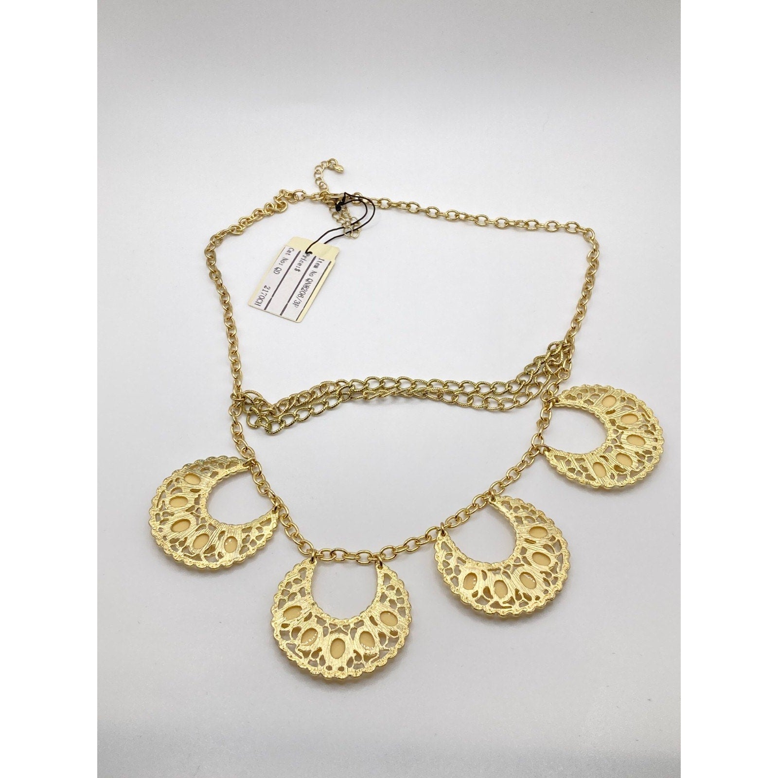 STONY Gold Tone Filigree Layered Statement Necklace w/ Acrylic Cream Stones 19"
