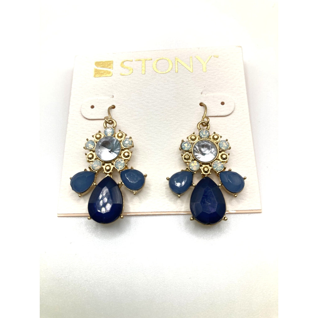 STONY Gold Tone Navy Blue & Cloudy Clear Acrylic Stone Drop Dangle Earrings 1.3" Imperfect*