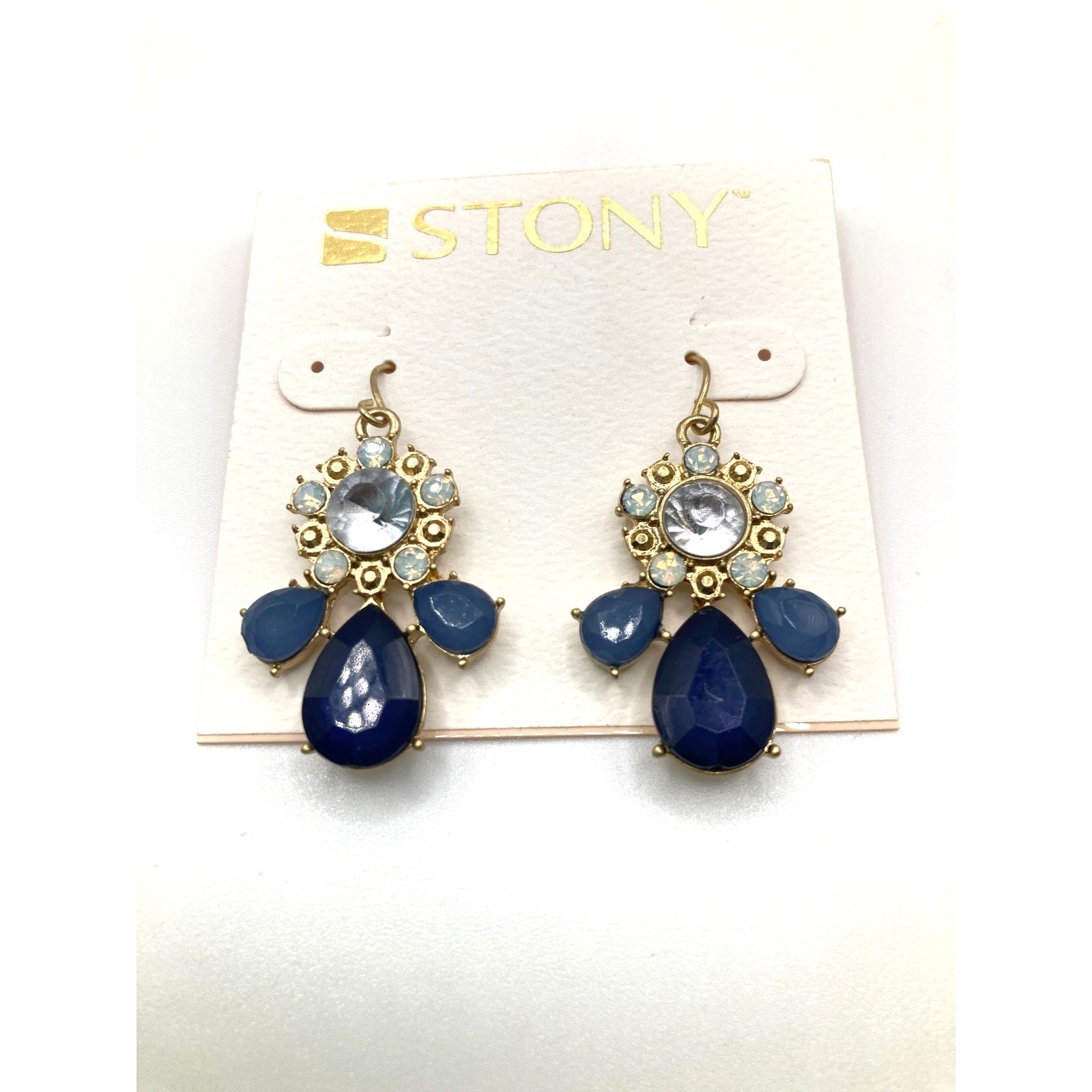 STONY Gold Tone Navy Blue & Cloudy Clear Acrylic Stone Drop Dangle Earrings 1.3" Imperfect*