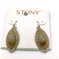 STONY Gold Tone Retro Green Oval Cabochon Faux Stone Earrings w/ Bead Accents