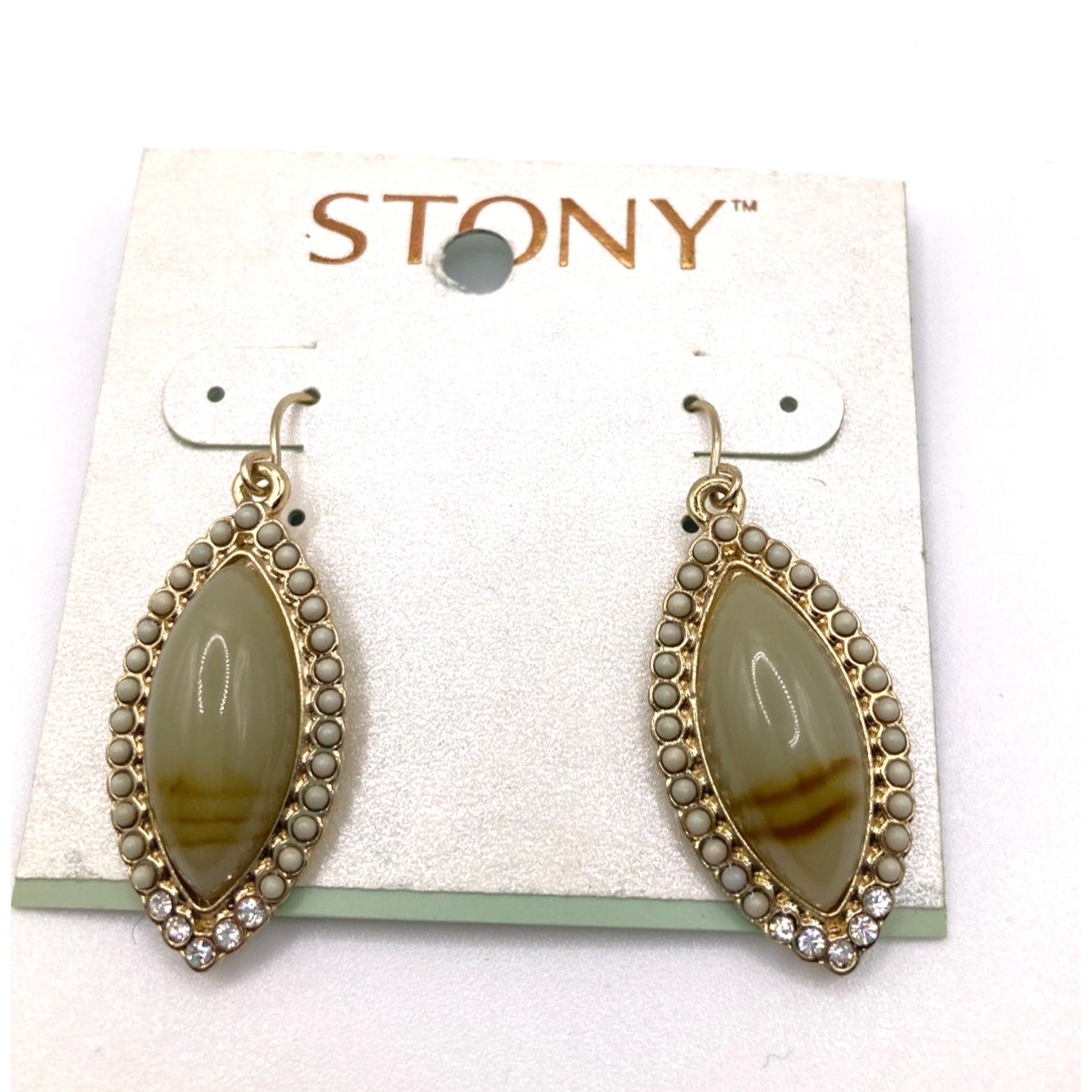 STONY Gold Tone Retro Green Oval Cabochon Faux Stone Earrings w/ Bead Accents