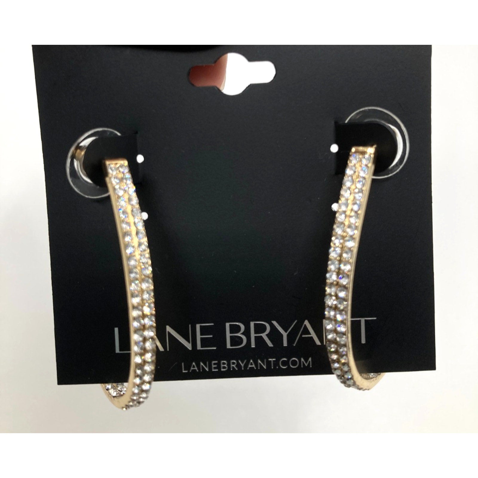 LANE BRYANT Classy Dressy Gold Tone Hook Hoop Rhinestone Earrings 1.25"