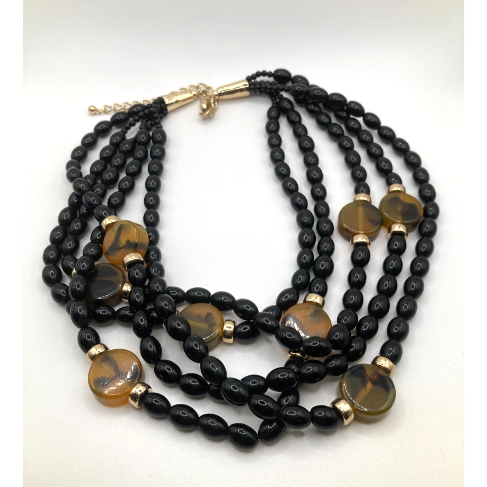 Black Beaded w/ Gold Tone Accent Multi-Strand Layered Statement Necklace 18"