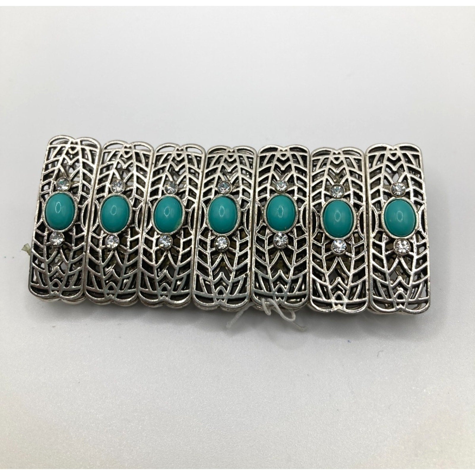 Medieval Gothic Western Silver Tone Faceted Faux Turquoise Stretch Bracelet Sz.7