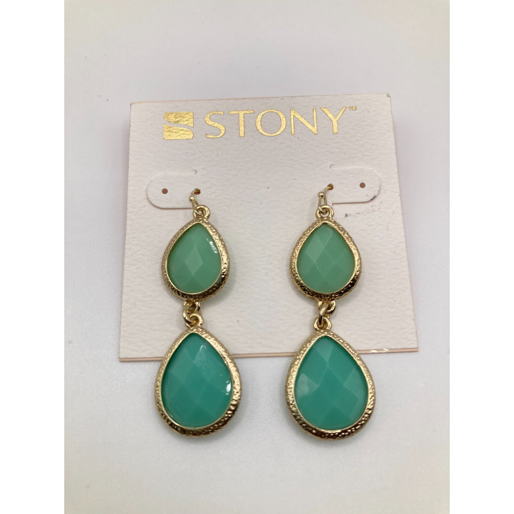 STONY Gold Tone Two-tone Mint Green Acrylic Stone Drop Dangle Earrings 2"