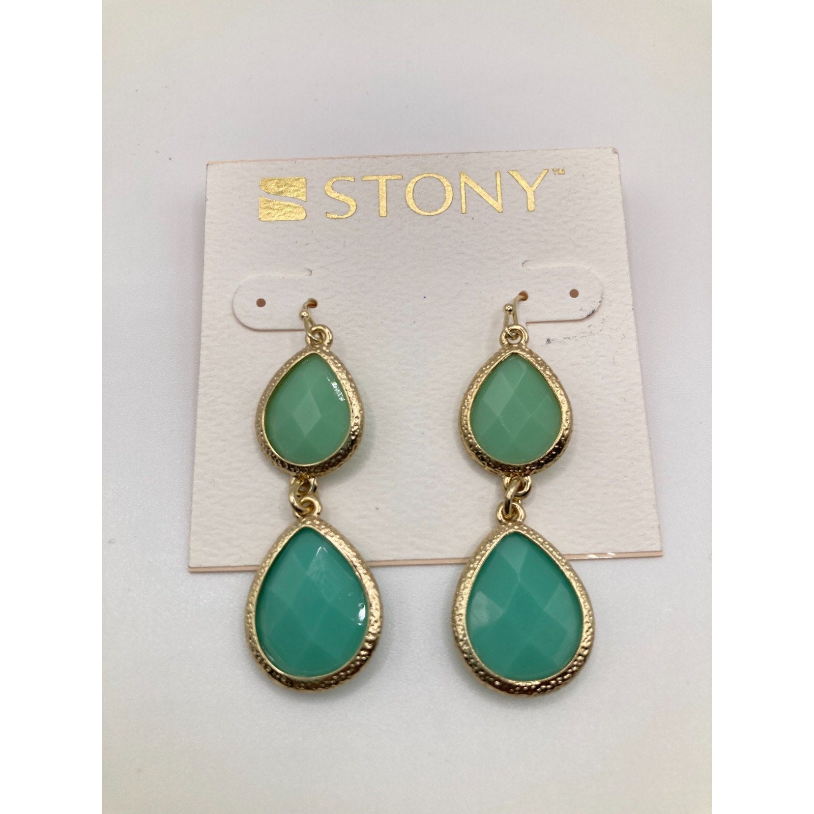 STONY Gold Tone Two-tone Mint Green Acrylic Stone Drop Dangle Earrings 2"