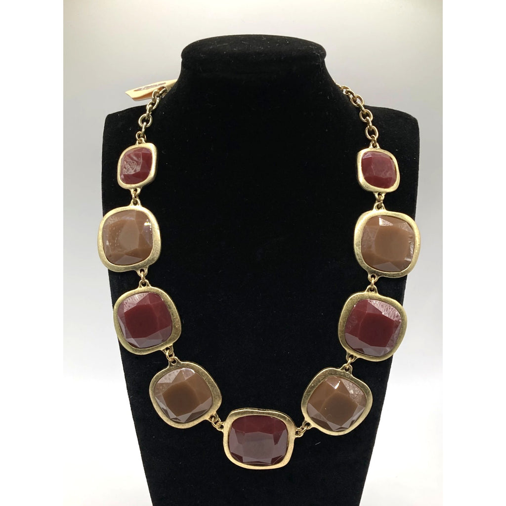 STONY Gold Tone Square Link Brown & Burgundy Acrylic Stone Station Necklace 16"
